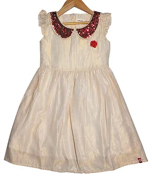 Pinehill Cap Frill Sleeves Sequins Embellished Flower Applique & Glitter Detail Dress - Gold