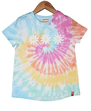 Pinehill Half Sleeves Daisy Placement Printed Tie & Dyed Tee - Yellow