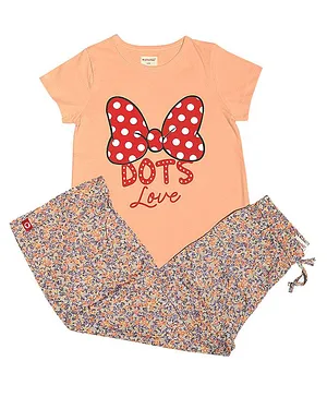 Pinehill Short Sleeves Dots Love Bow Placement Printed Tee & Trousers - Peach