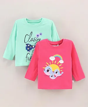 BUMZEE Pack Of 2 Full Sleeves Fish Classy & Fabulous Bow Printed Tees - Green & Pink