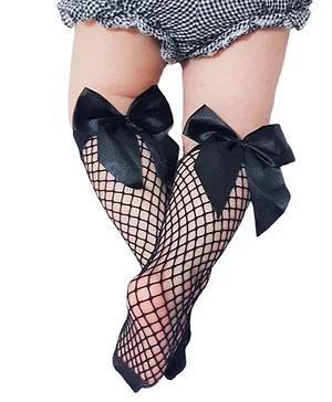 Flaunt Chic Calf Length Bow With Mesh Grid Stockings - Black