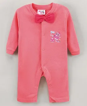 Kidi Wav Full Sleeves Fresh Flower Text & Teddy Placemenet Print Romper With Bow Applique - Pink
