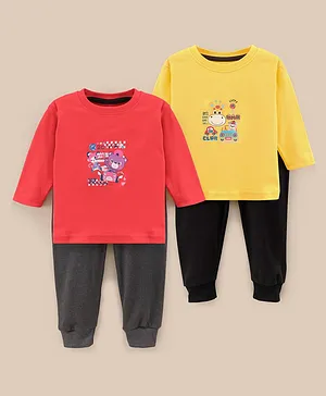 Kidi Wav Full Sleeves Teddy & Giraffe Print Pack Of 2 With Pack Of 2 Pajama - Yellow Pink