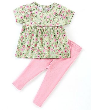 Babyhug Half Sleeves Knitted Foral top & Drop needle Legging- Green & Pink