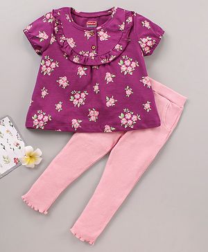 Babyhug 100% Cotton Half Sleeves Top and Lounge Pants Floral Print & Frill Detailing - Purple Pink