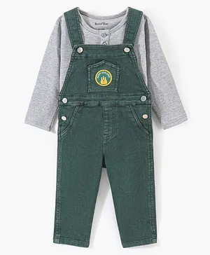 Bonfino 100% Cotton Denim Dungaree with Full Sleeves T-Shirt Fox Patch - Grey Green