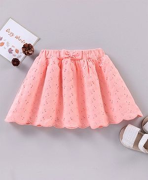 Babyhug Mid Thigh Length Knit Skirt With Schiffli Detailing & Bow Applique- Pink