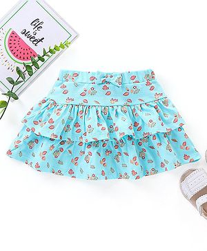 Babyhug Mid Thigh Layered Skirt Floral Glitter Print with Bow - Blue