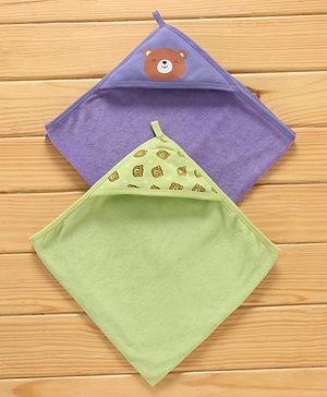 Babyhug Double Layer Terry Hooded Towel Bear Print Pack of 2 - Green Purple