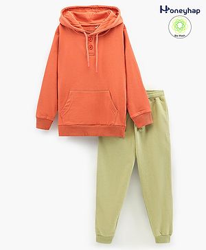 Honeyhap Premium Cotton Stretch Bio Finished Terry Full Sleeves Winter Wear Hooded Printed Sweatshirt & Joggers - Autumn Leaf & Sage Green