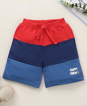 Babyhug Cotton Knit Knee Length Shorts Colour Block & Text Print - Red Navy Blue