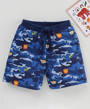 Babyhug Cotton Knit Knee Length Shorts Camo & Animal Print - Blue