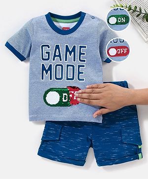 Babyhug 100% Cotton Knit Half Sleeves Striped T-Shirt and Short Set Game Mode Print - Grey Melange & Blue