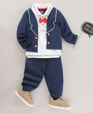 Babyhug Full Sleeves Solid T-Shirt & Jogger Pants Set Bow Applique - Navy Blue