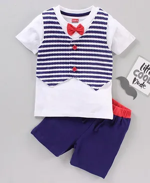 Babyhug Half Sleeves Solid T-Shirt & Shorts Set Bow & Waistcoat Applique - White Blue