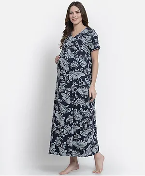 FASHIONABLY PREGNANT Half Sleeves Paisley Print Maternity & Feeding Night Dress - Navy Blue