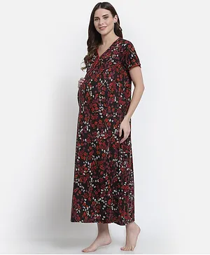 FASHIONABLY PREGNANT Half Sleeves Floral Print Maternity & Feeding Night Dress - Black