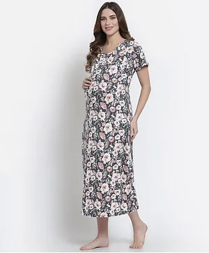 FASHIONABLY PREGNANT Half Sleeves Floral Print Maternity & Feeding Night Dress - Peach & Grey