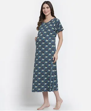 FASHIONABLY PREGNANT Half Sleeves Abstract Flower Motif Print Maternity & Feeding Night Dress - Navy Blue
