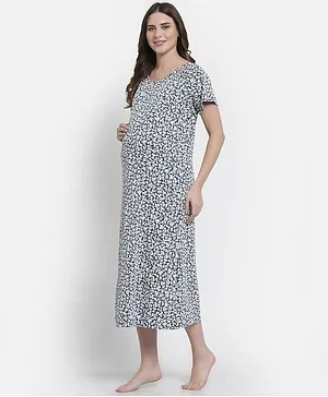FASHIONABLY PREGNANT Half Sleeves All Over Abstract Floral Print Maternity & Feeding Night Dress - Blue