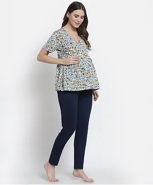 FASHIONABLY PREGNANT Half Sleeves Floral Print Night Suit - Navy Blue