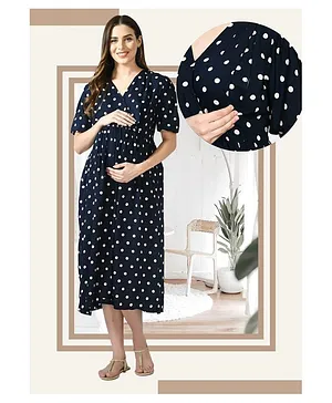 Mometernity Half Sleeves Polka Print Maternity And Nursing Midi Dress - Navy Blue