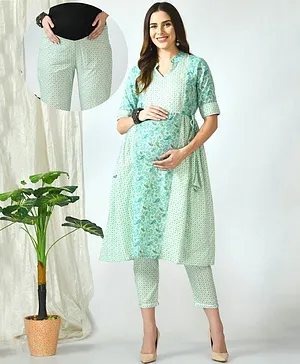 Mometernity Half Sleeves Paisley And Dot Print Maternity And Nursing Yoke Detail Kurta With Printed Pant - Green