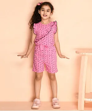 Kids Cave Short Frill Sleeves All Over Flower Printed Asymmetrical Flounce Jumpsuit With Bow Applique - Pink