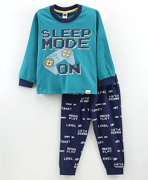 Teddy Full Sleeves T-Shirt & Pyjama Set Text Print - Deep Blue