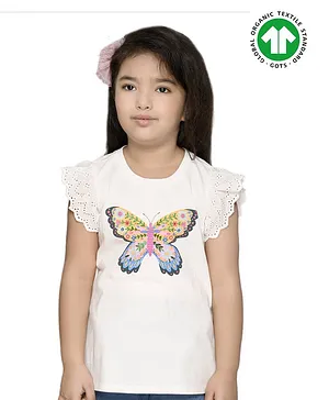 Spunkies Organic Cotton Schiffli Embroidered Cap Flutter Sleeves Butterfly Placement Printed Top - White