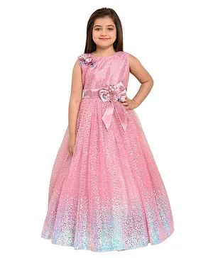 Betty By Tiny Kingdom Sleeveless Stones Embellished Satin Floral Applique Detailing All Over Sequinned Flared Party Wear Gown - Pink