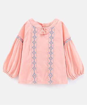 Babyhug Full Sleeves Slub Rayon Woven Top with Argyle Embroidery- Peach