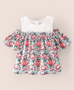 Babyhug Half Sleeves Cold Shoulder Rayon Top With Floral Print - White Mint Aop
