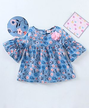 Babyhug Bell Sleeves Rayon Top With Floral Print And Corsage Detailing- Blue