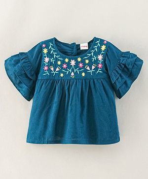 Babyhug Rayon Flutter Sleeves Woven Top with Floral Embroidery & Frill Detailing- Teal Blue