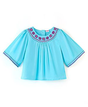 Babyhug Three Fourth Sleeves 100% Cotton Top with Abstract Embroidery - Sky Blue