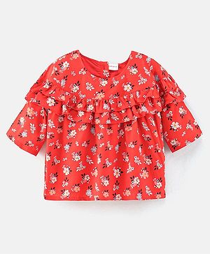 Babyhug Three Fourth Sleeves Rayon Top With Floral Print & Frill Detailing - Red