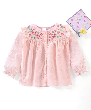 Babyhug Cotton Woven Three Fourth Sleeves Embroidered Top - Light Peach