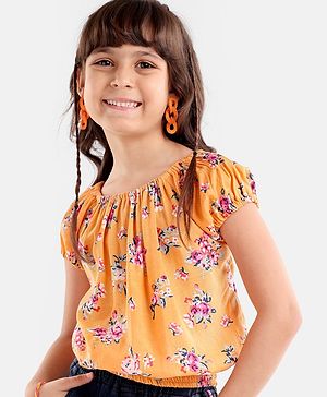 Babyhug Cap Sleeves Off Shoulder Rayon Top With Floral Print & Smocking - Mustard