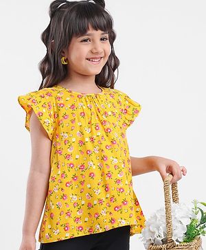 Babyhug Half Sleeves Rayon Woven Floral Print Top with Frill Detailing - Mustard Yellow