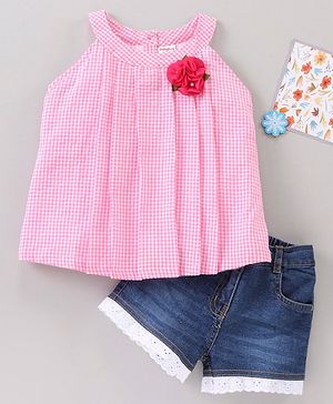 Babyhug Sleeveless Cotton Woven to Denim Top and Bottom Wear Set Checkered Flower Applique - Pink Blue