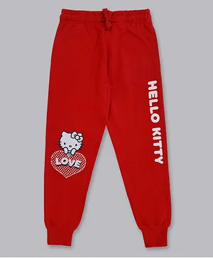 Kidsville Full Length Hello Kitty & Placement Text Printed Joggers - Red
