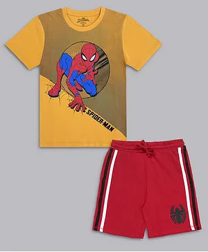 Kidsville Half Sleeves Spiderman Featured T Shirt With Placement Spider Print Shorts - Yellow Red