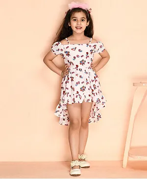 Kids Cave Half Cold Shoulder Sleeves Rainbow & Roses Printed Crepe With 100% Cotton Lining High Low Flared Dress - Beige