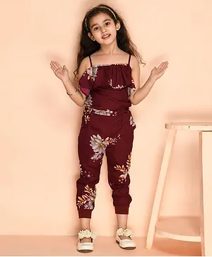Kids Cave Sleeveless Floral Printed Crepe With Cotton Lining Flounce Jumpsuit - Maroon