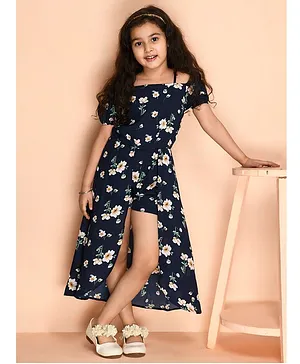 Kids Cave Half Cold Shoulder Sleeves All Over FLower Printed Mock Flared Dress Styled Crepe With 100% Cotton Jumpsuit - Navy Blue