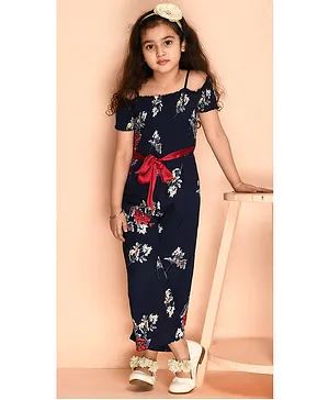 Kids Cave Half Cold Shoulder Sleeves Gathered Yoke Floral Printed Crepe With 100% Cotton Lining Jumpsuit With Front Tie Up - Navy Blue