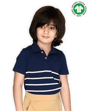Spunkies Organic Cotton Half Sleeves Striped Polo Tee - Navy Blue