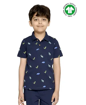 Spunkies Organic Cotton Half Sleeves Dino Print Polo Tee - Navy Blue