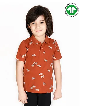 Spunkies Organic Cotton Half Sleeves Zebra Print Polo Tee - Brown